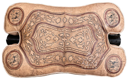 Beige Camel Leather Saddle Ottoman with Carved Wood Base