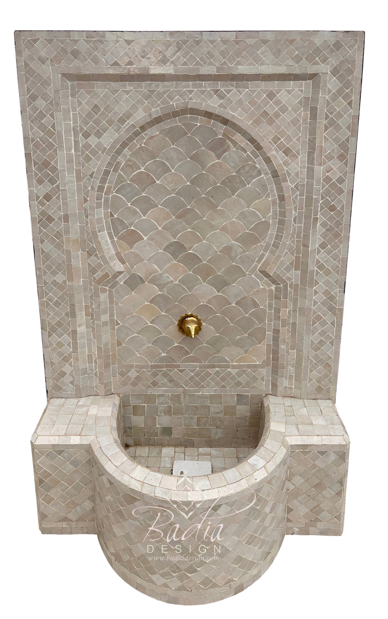 A Moorish-style mosaic wall fountain with a curved basin, beige and gray scalloped tile pattern, and a small gold faucet, shown against a plain white background.