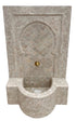 A Moorish-style mosaic wall fountain with a curved basin, beige and gray scalloped tile pattern, and a small gold faucet, shown against a plain white background.