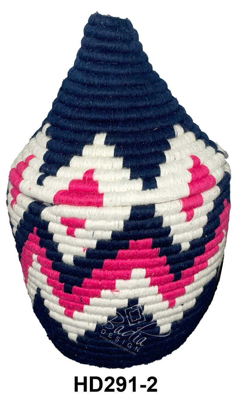 Colorful knitted basket with geometric pattern on a white background