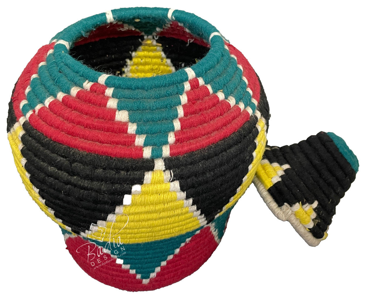 Colorful woven container with geometric pattern on a white background