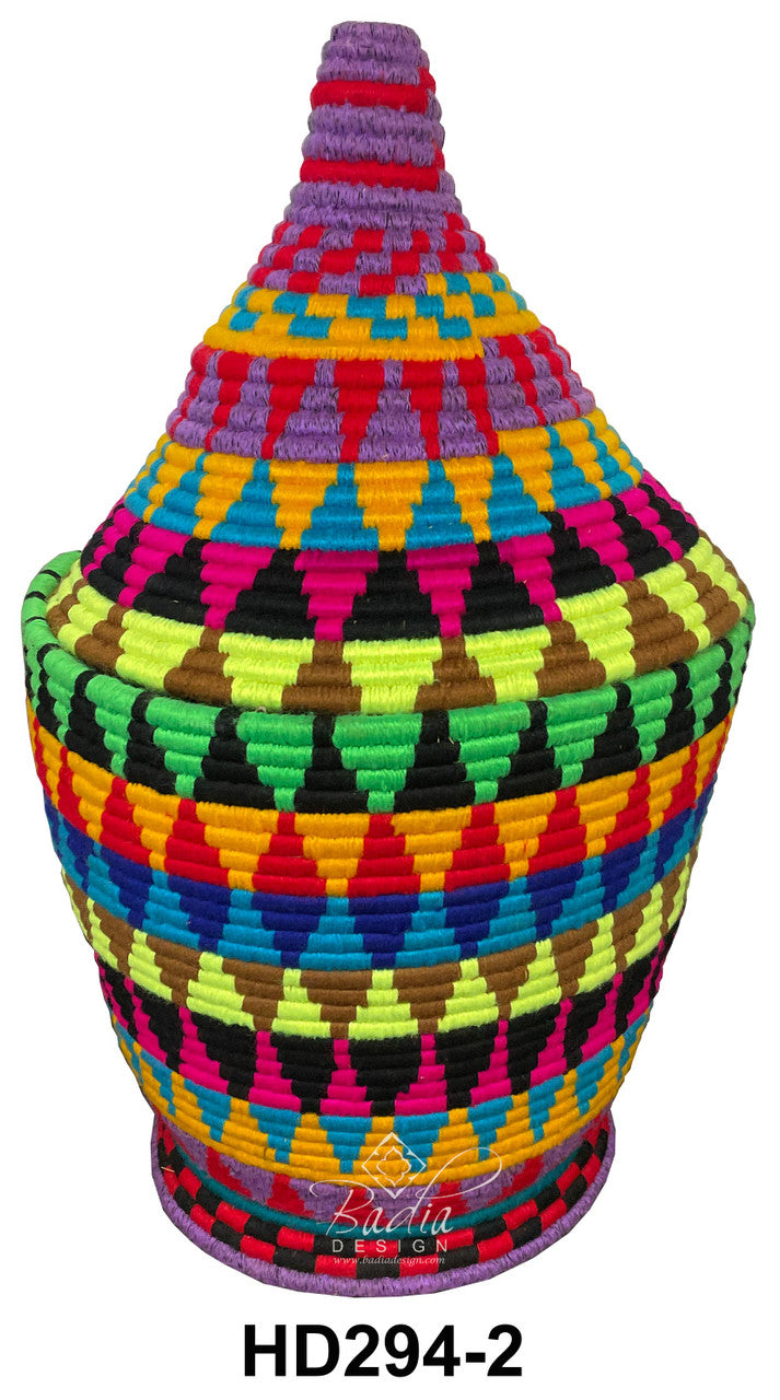 Colorful woven basket with geometric pattern on a white background