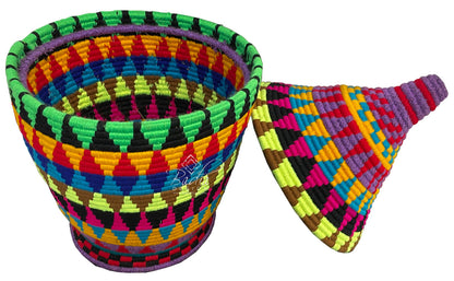 Colorful woven basket and cone with geometric patterns on a white background