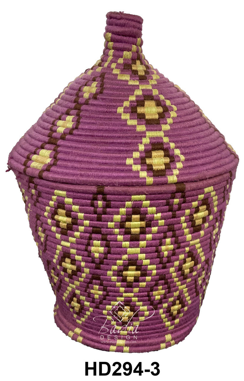 Woven basket with geometric pattern on a white background