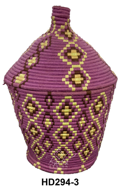 Woven basket with geometric pattern on a white background