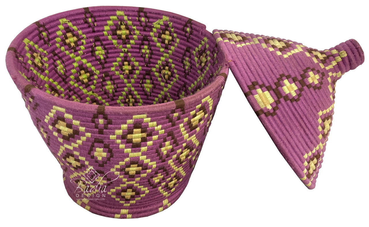 Authentic Purple Moroccan Handwoven Berber Basket with lid off
