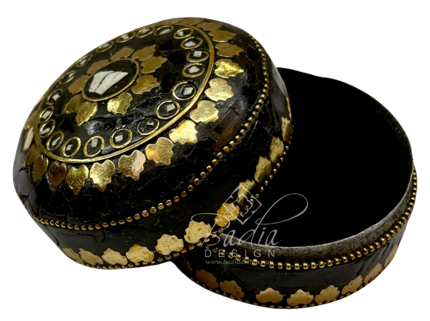 Moroccan Black and Gold Metal and Resin Decorative Container with open lid