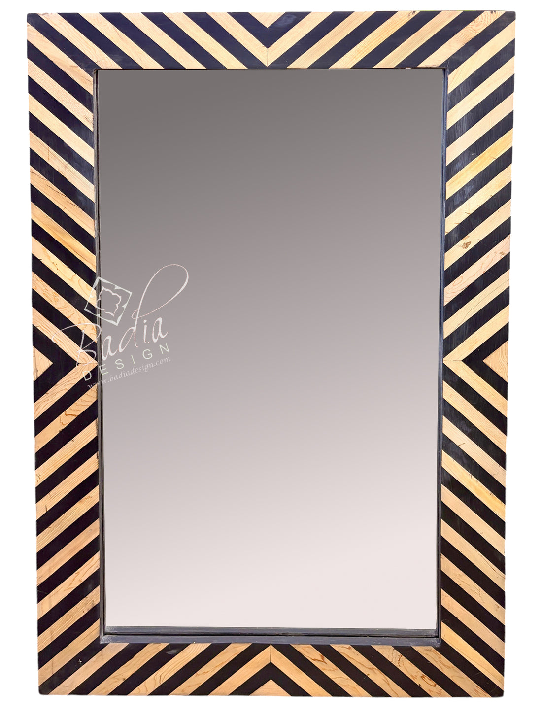 A rectangular wall mirror with a wide chevron border made of alternating black and light natural wood inlays, shown against a plain white background.