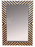 A rectangular wall mirror with a wide chevron border made of alternating black and light natural wood inlays, shown against a plain white background.