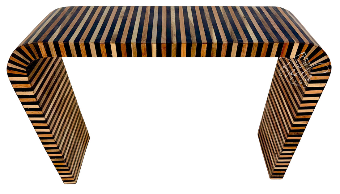 Moroccan Black and Natural Beige Striped Resin and Wood Console Table