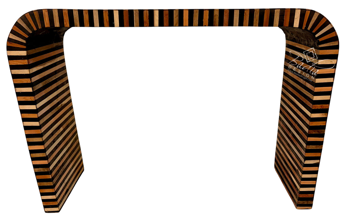 Moroccan Black and Natural Beige Striped Resin and Wood Console Table