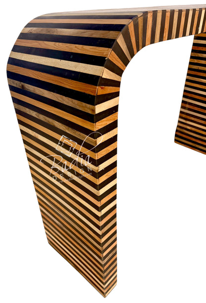 Black and Natural Beige Striped Resin and Wood Console Table