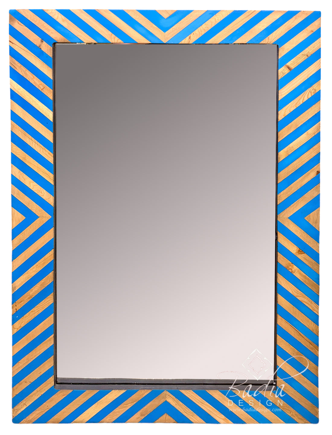 A rectangular wall mirror with a decorative frame featuring a blue and gold chevron pattern, shown against a plain white background.