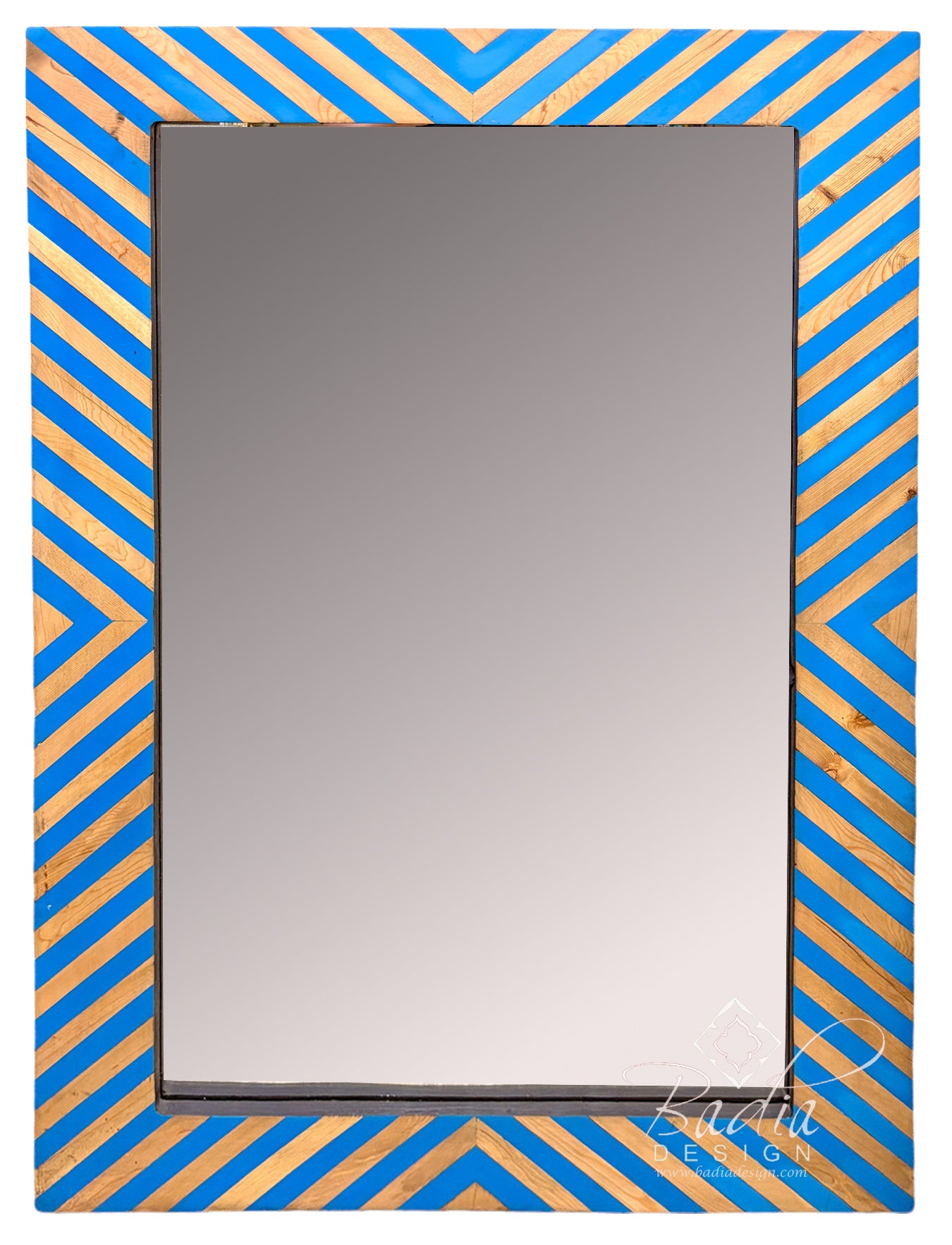 A rectangular wall mirror with a decorative frame featuring a blue and gold chevron pattern, shown against a plain white background.