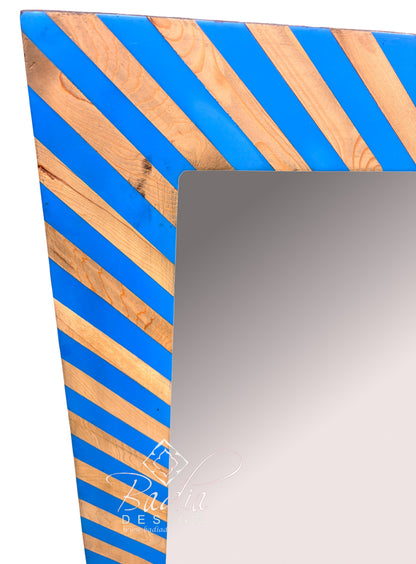 Blue and Beige Striped Resin and Wood Mirror