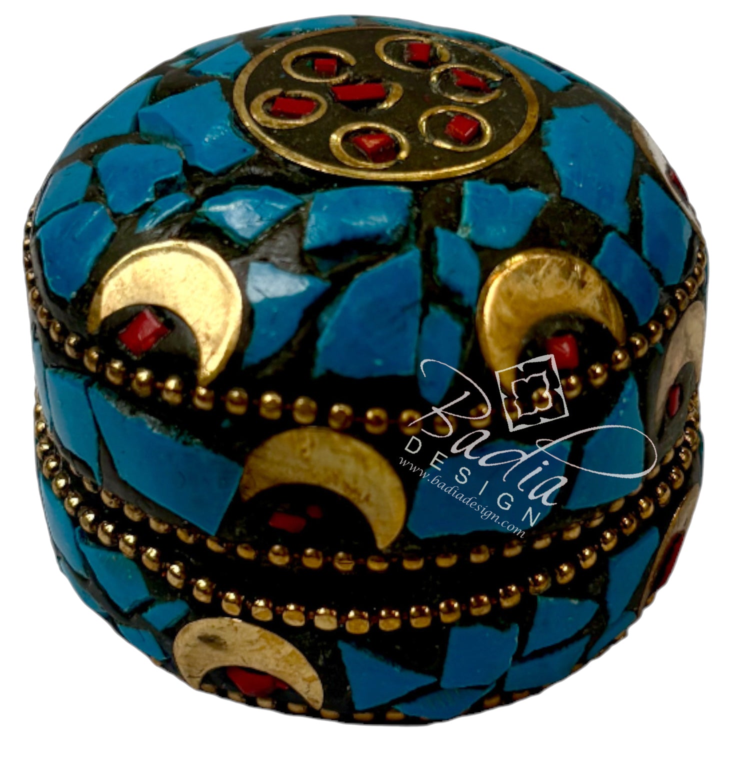 Decorative box with blue mosaic pattern and gold accents on a white background