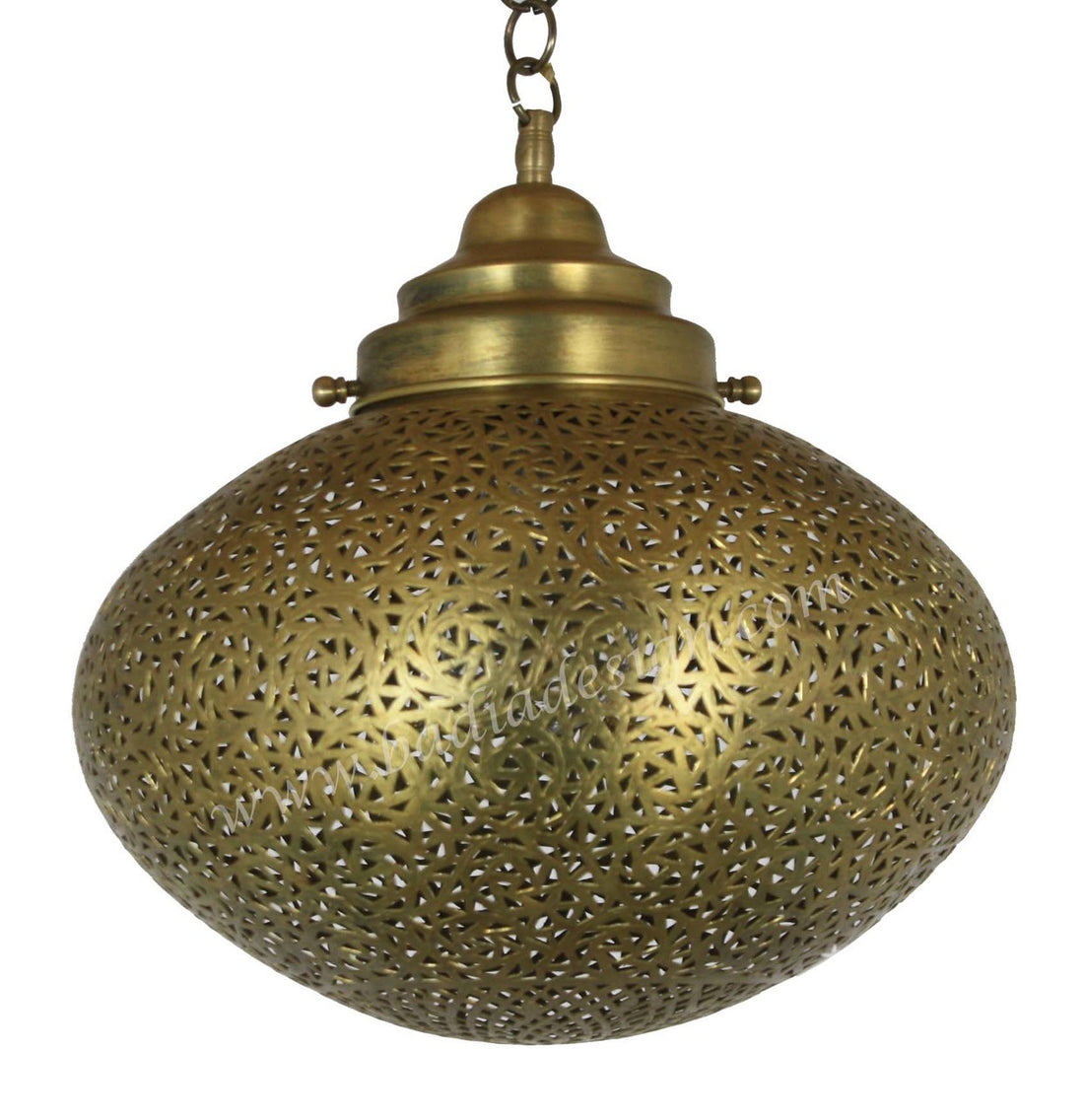 Decorative brass pendant light with intricate patterns on a white background