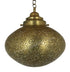 Decorative brass pendant light with intricate patterns on a white background