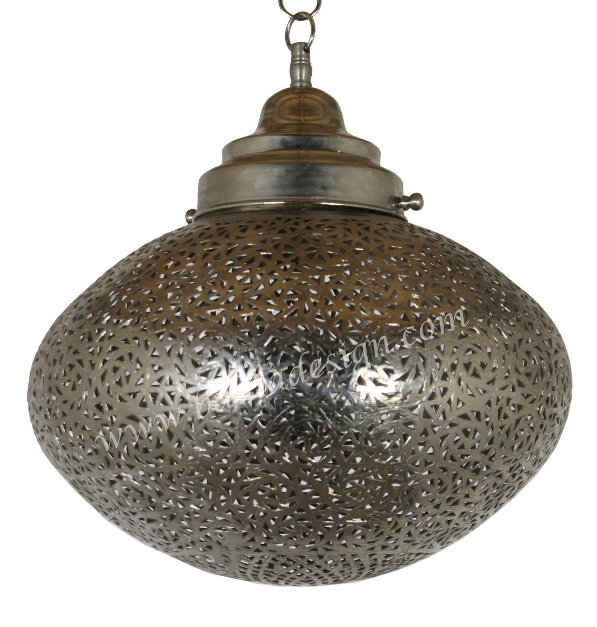 Decorative silver metal pendant light with intricate design on a white background