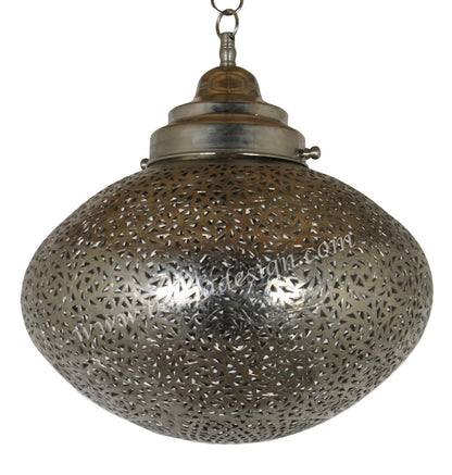 Decorative silver metal pendant light with intricate design on a white background