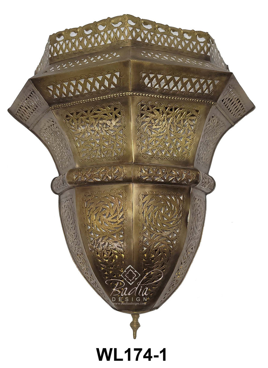 Decorative brass wall sconce with intricate patterns on a white background