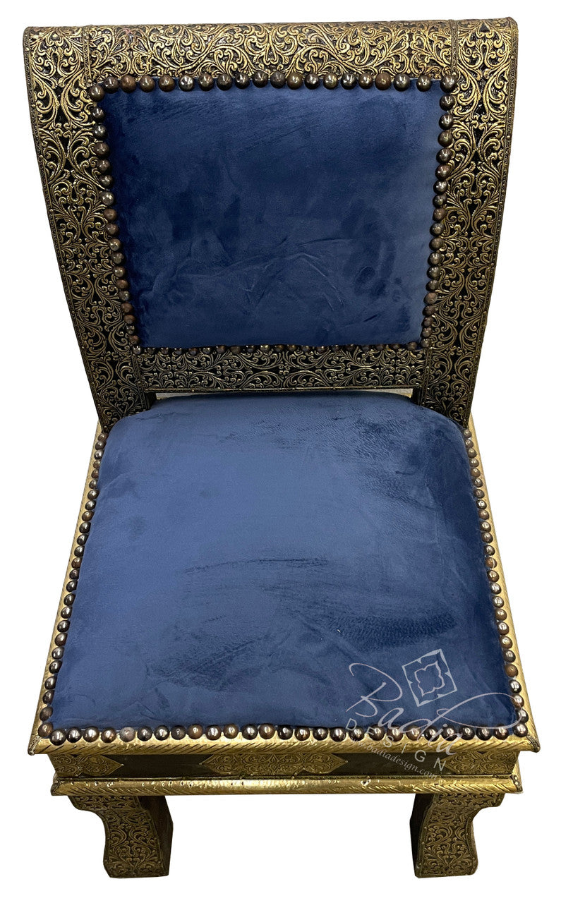 Embossed Brass Chair with Blue Velvet Seat