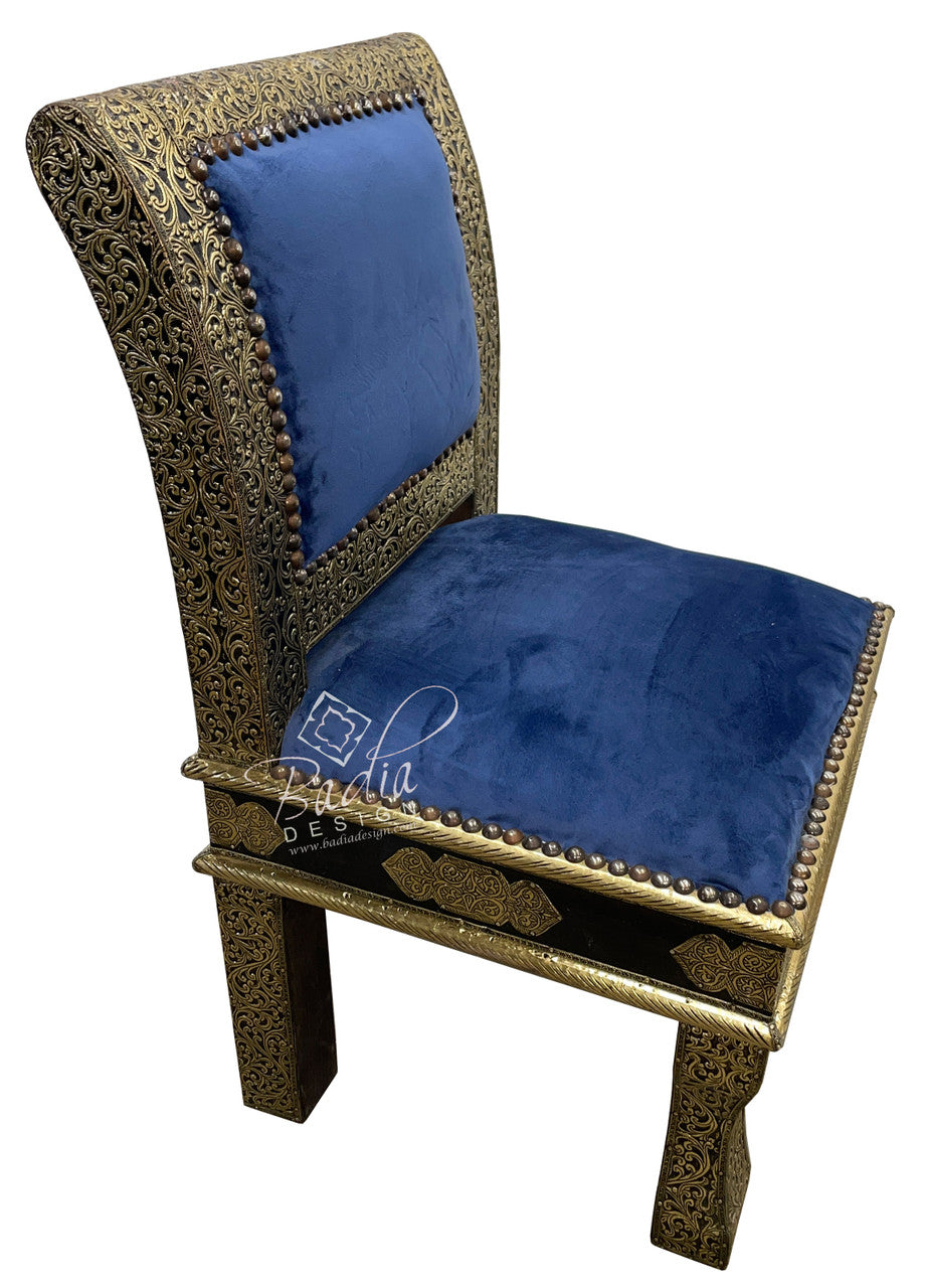Embossed Brass Chair with Blue Velvet Seat