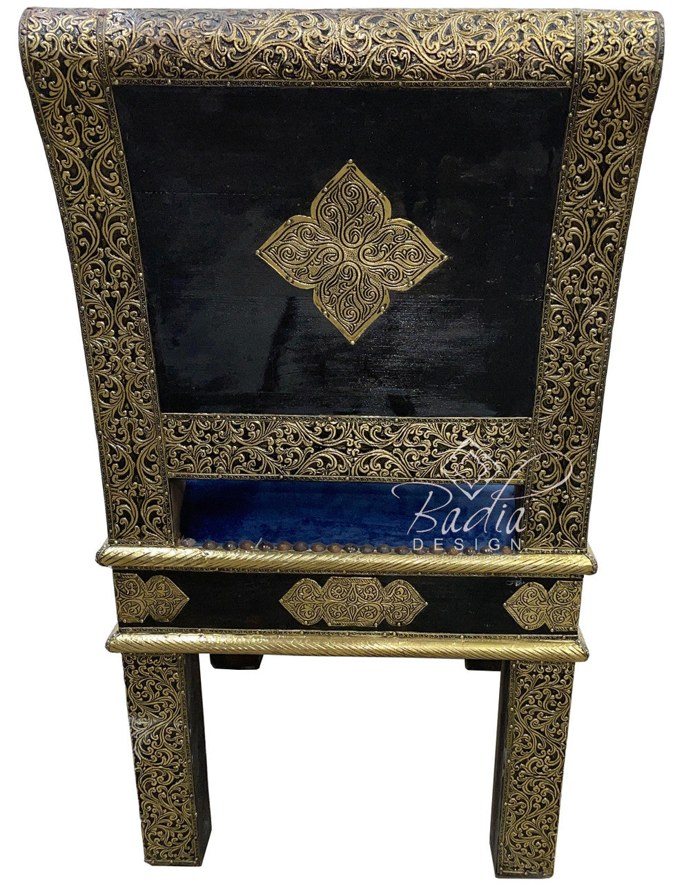 Embossed Brass Chair with Blue Velvet Seat