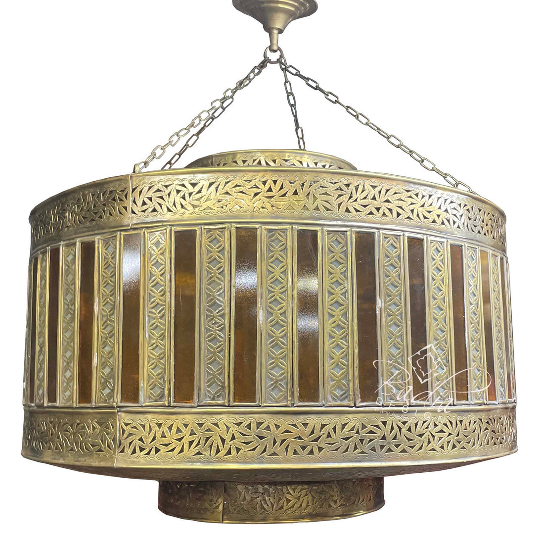Moroccan Brass Chandelier with Amber Glass