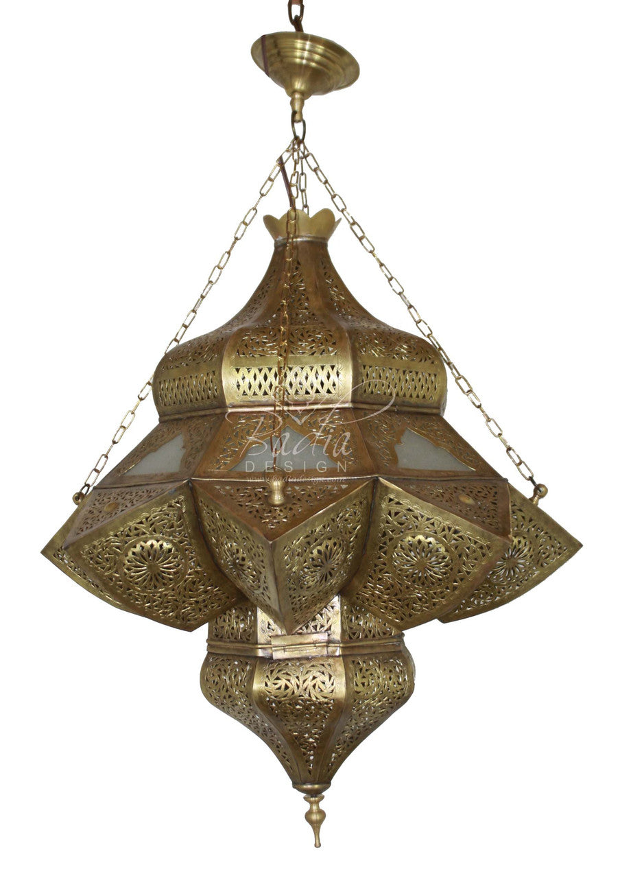 Moroccan Brass Chandelier with Frosted White Glass
