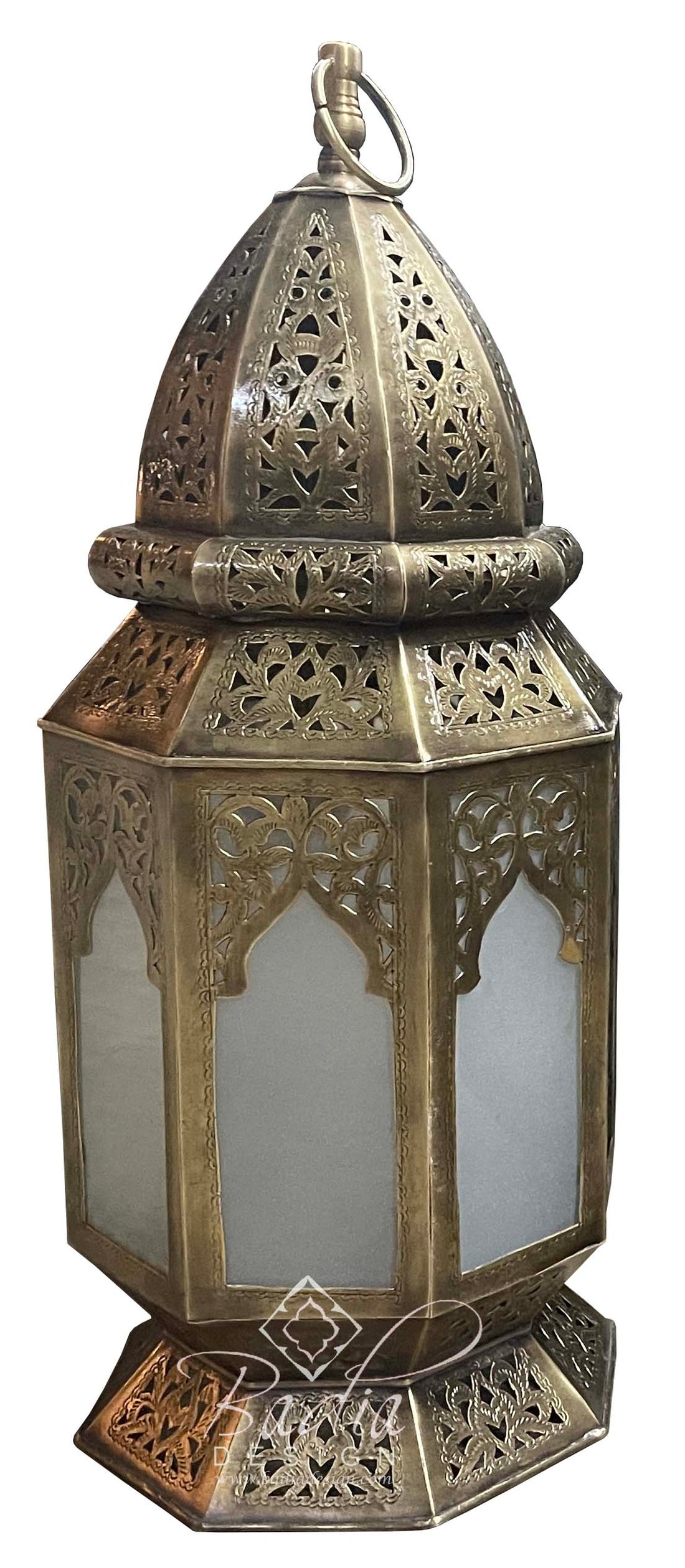 Moroccan Brass Hanging or Floor Lantern with White Glass