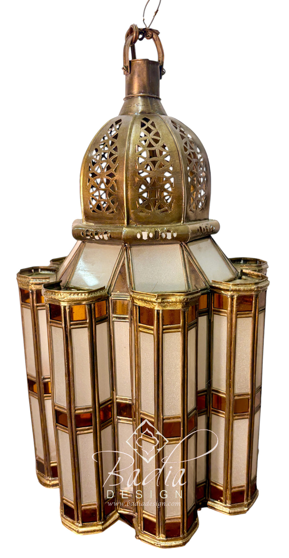 Moroccan Brass Floor Lantern with White and Amber Glass