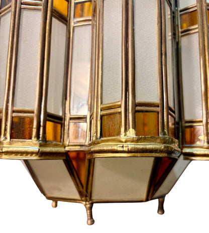 Brass Floor Lantern with White and Amber Glass