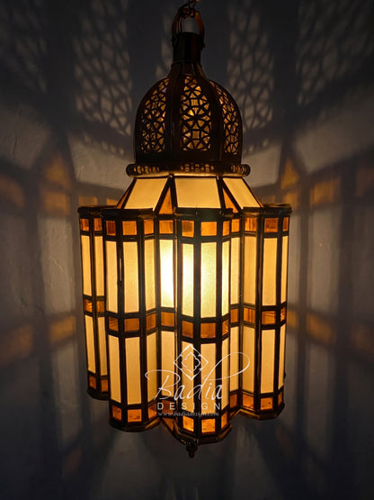 Moroccan Brass Floor Lantern with White and Amber Glass