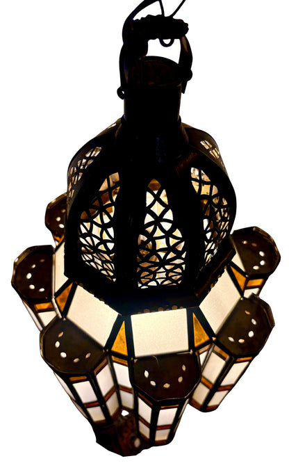 Brass Floor Lantern with White and Amber Glass