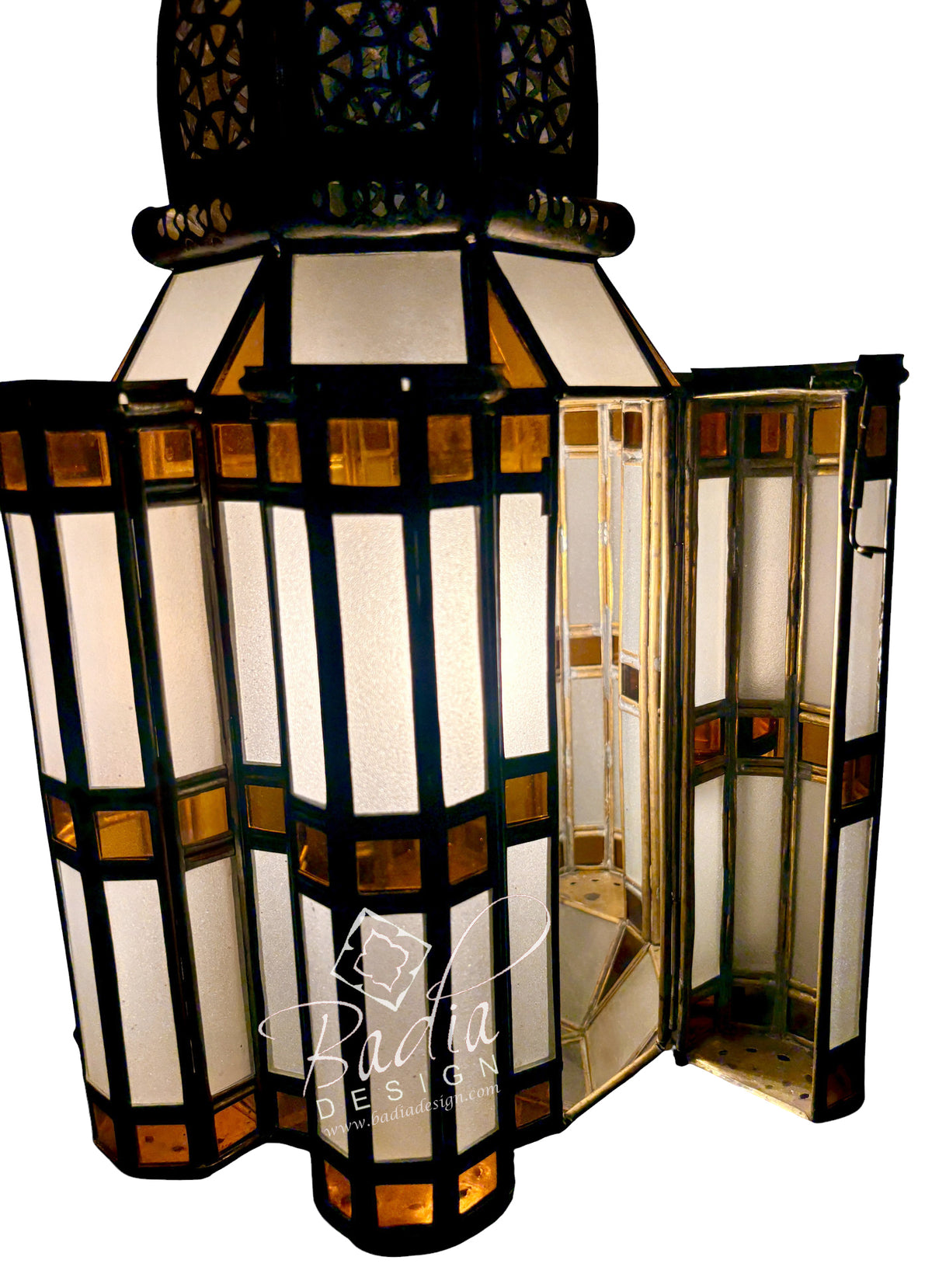 Brass Floor Lantern with White and Amber Glass