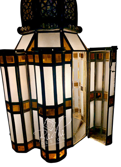 Brass Floor Lantern with White and Amber Glass