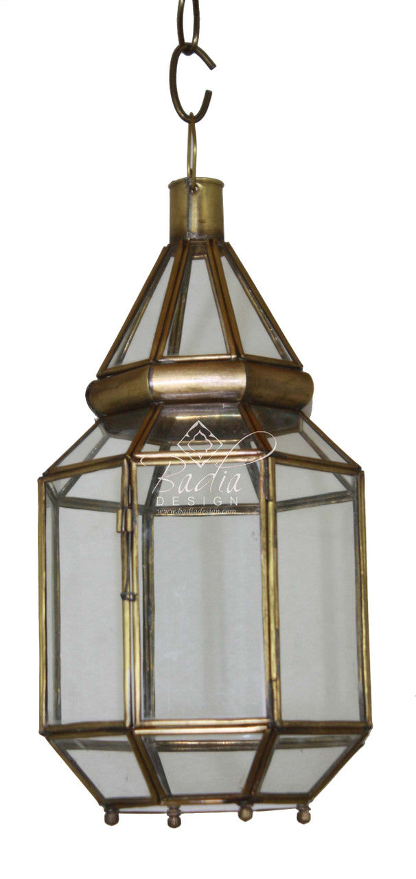 Decorative hanging lantern with brass finish and glass panels on a white background