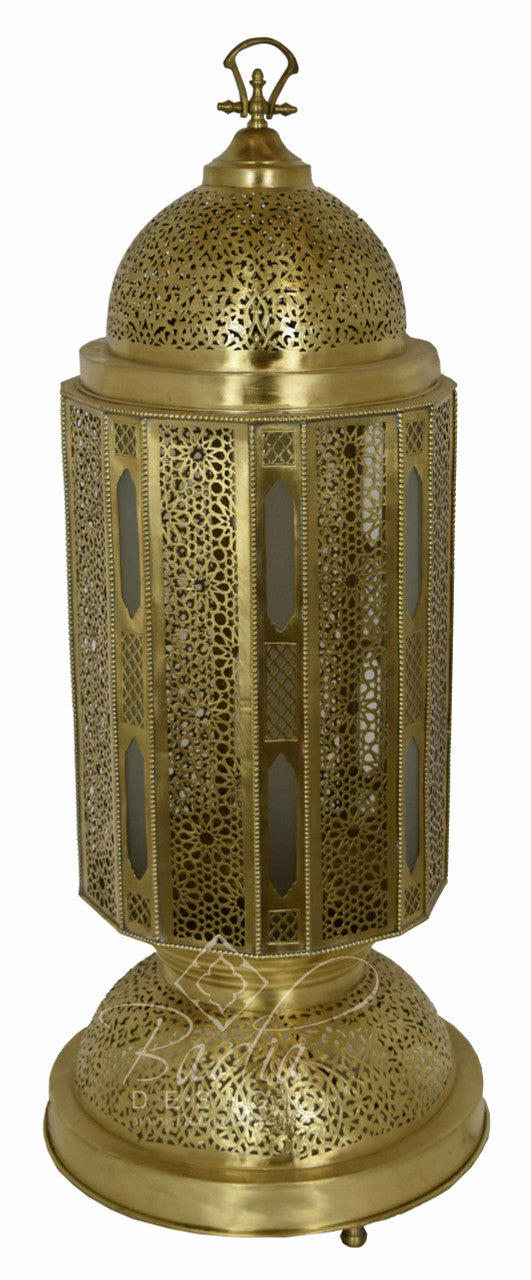Intricately Designed Moroccan Brass Floor Lantern with White Glass