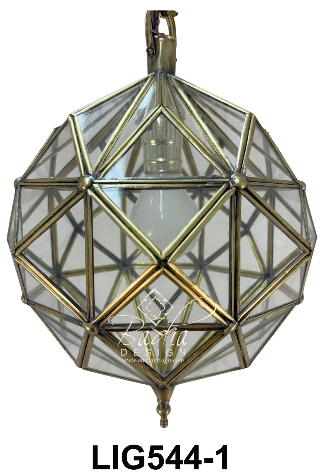 Geometric glass pendant light with brass accents on a white background