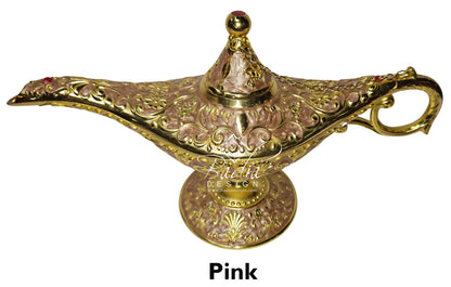 Decorative pink lamp with gold accents on a white background