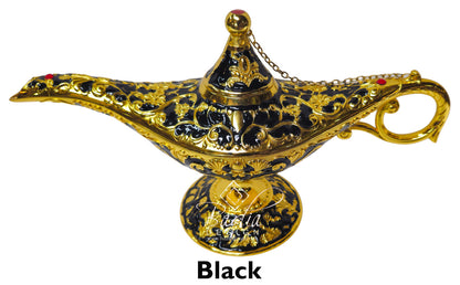 Decorative lamp with gold and black design on a white background