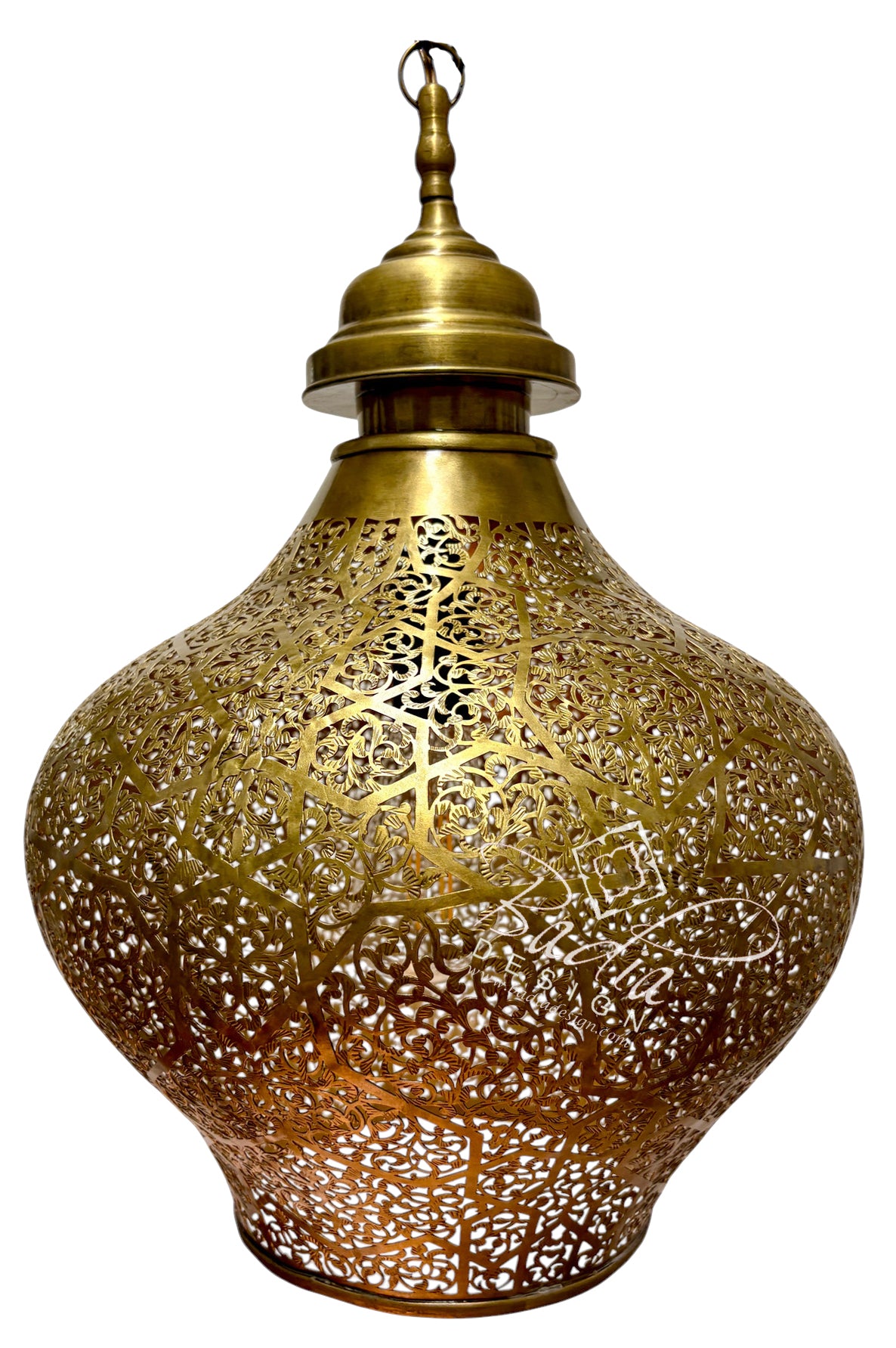An ornate brass lantern with intricate laser-cut Arabic calligraphy patterns, featuring a matching metal lid and hanging loop, set against a plain white background.