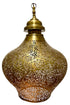 An ornate brass lantern with intricate laser-cut Arabic calligraphy patterns, featuring a matching metal lid and hanging loop, set against a plain white background.