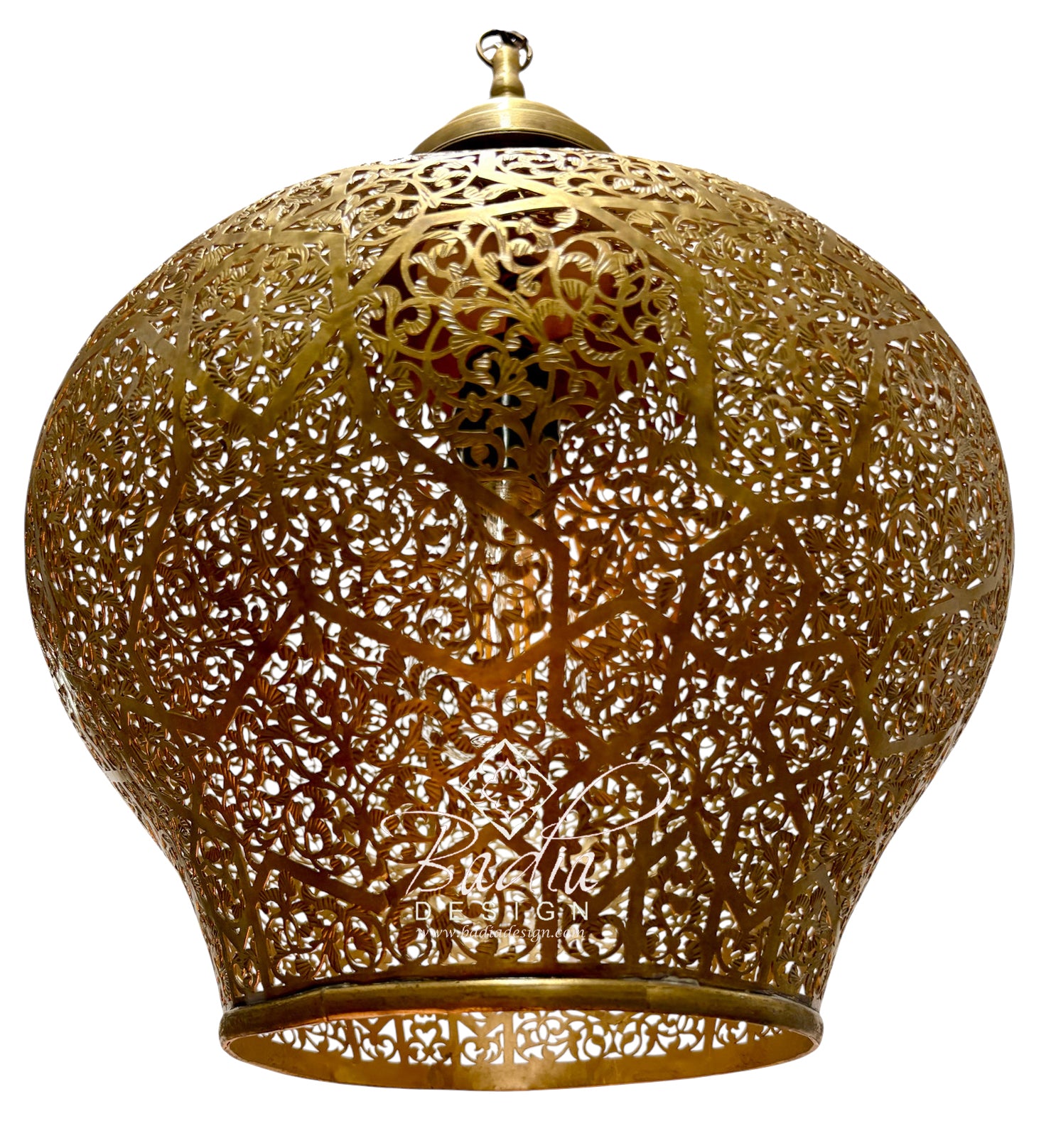 A brass Moroccan-style pendant lamp with an intricate laser-cut filigree pattern, shown against a solid white background.