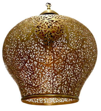 A brass Moroccan-style pendant lamp with an intricate laser-cut filigree pattern, shown against a solid white background.