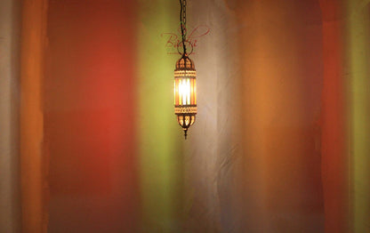 Hanging Brass Lantern with Multi Color Glass