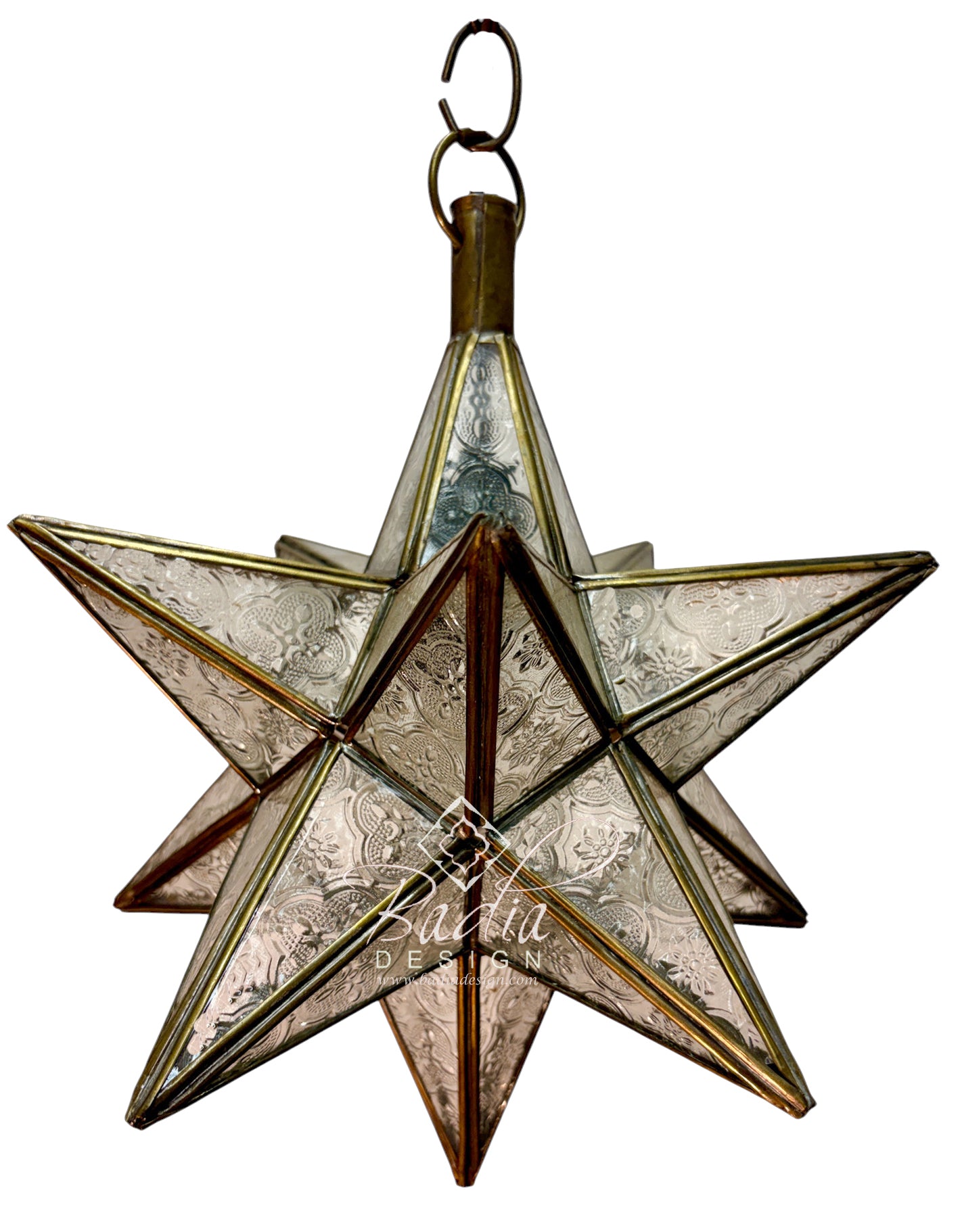 A 3D geometric star-shaped hanging ornament with etched silver glass panels and bronze metal frames, featuring a top hanging loop.
