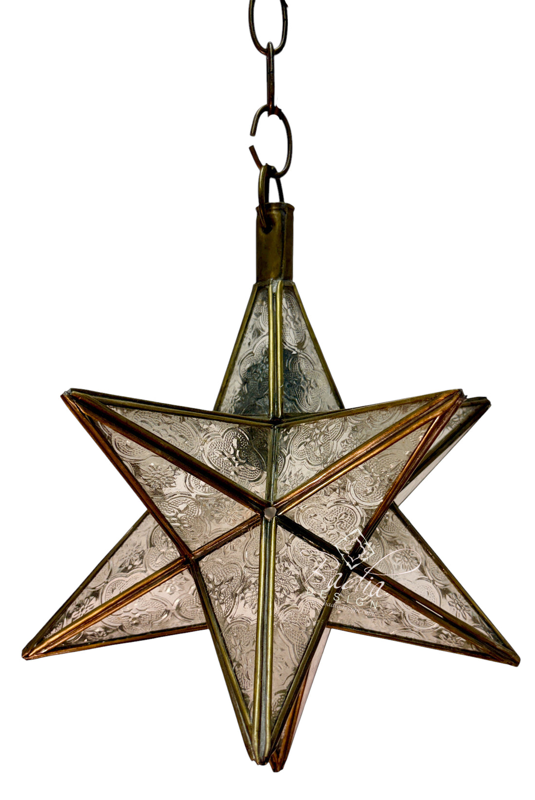 A five-pointed star-shaped hanging lantern with frosted clear glass panels and bronze-toned metal framing, suspended by a chain against a plain white background.