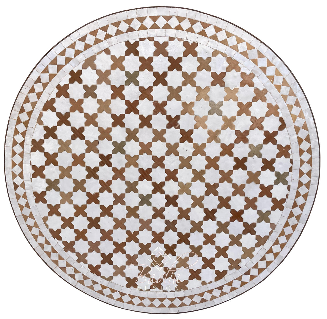 Round Moroccan Tile Table Top in Brown and White